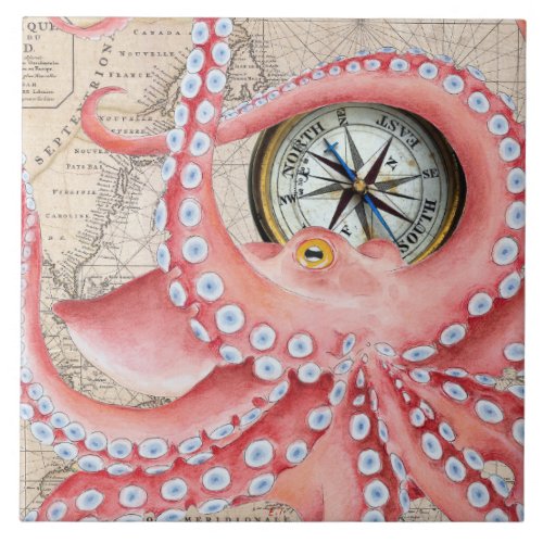 Red Octopus Vintage Map Compass Ceramic Tile