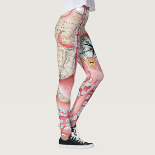 Red Octopus Vintage Map Compass Leggings