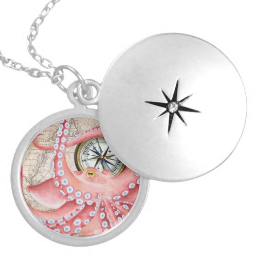 Red Octopus Vintage Map Compass Locket Necklace