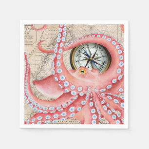 Red Octopus Vintage Map Compass Napkins