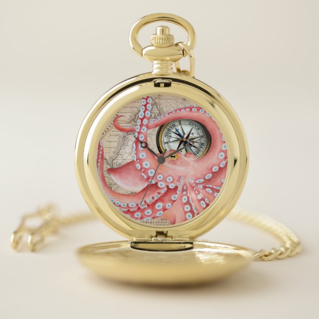 Red Octopus Vintage Map Compass Pocket Watch (Inside)