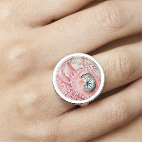 Red Octopus Vintage Map Compass Ring