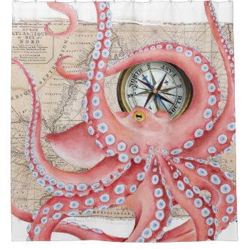 Red Octopus Vintage Map Compass Shower Curtain by EveyArtStore at Zazzle