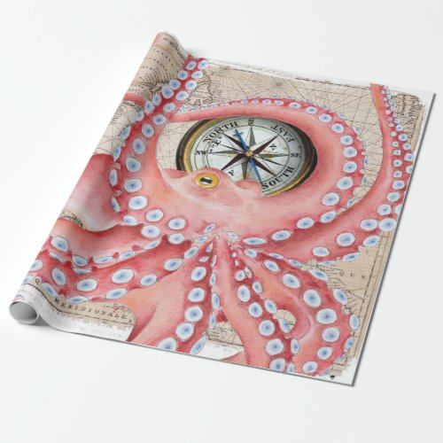 Red Octopus Vintage Map Compass Wrapping Paper