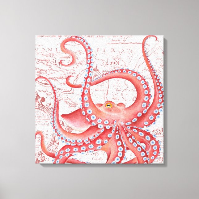 Red Octopus Vintage Map White Canvas Print (Front)