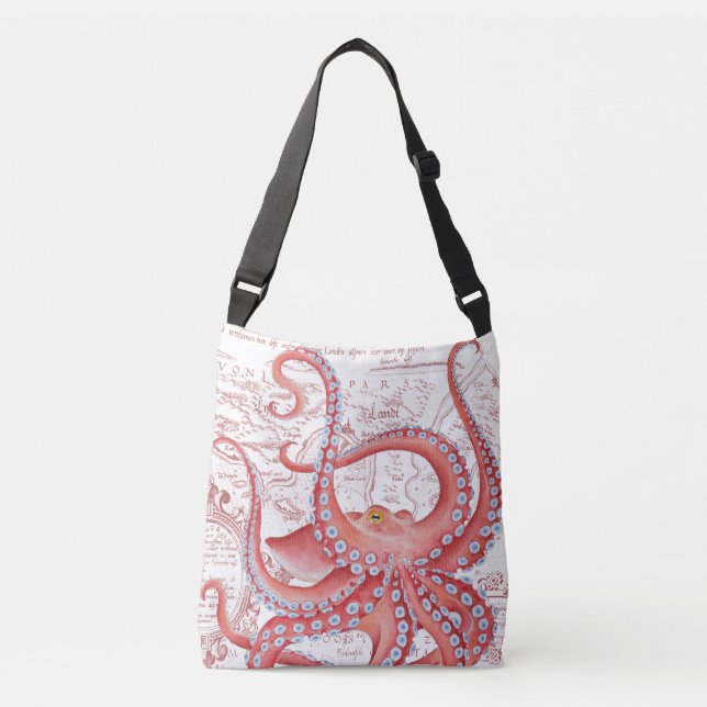 Red Octopus Vintage Map White Crossbody Bag (Front)