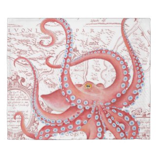 Red Octopus Vintage Map White