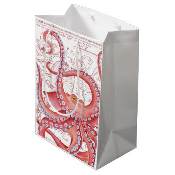 Red Octopus Vintage Map White Medium Gift Bag by EveyArtStore at Zazzle