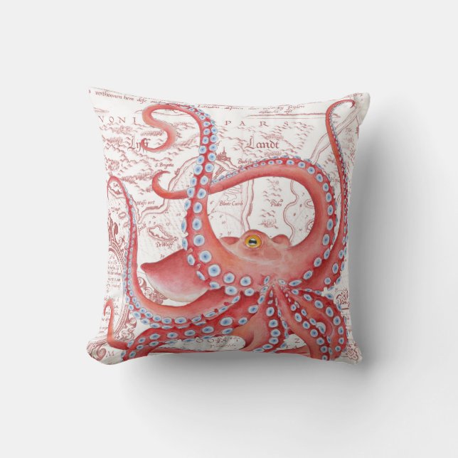 Red Octopus Vintage Map White Throw Pillow (Front)