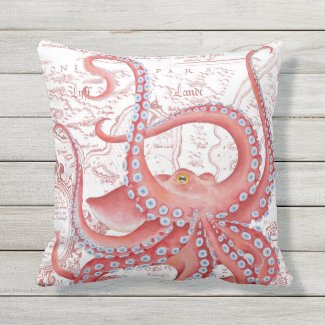 Red Octopus Vintage Map White Throw Pillow