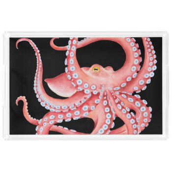 Red Octopus Watercolor On Black Acrylic Tray by EveyArtStore at Zazzle