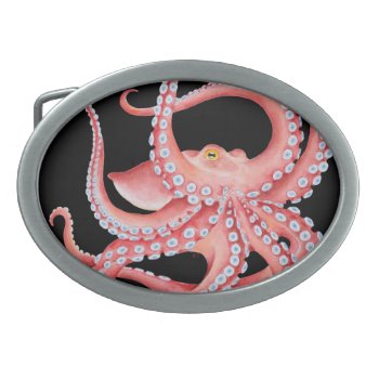 Red Octopus Watercolor On Black Belt Buckle by EveyArtStore at Zazzle