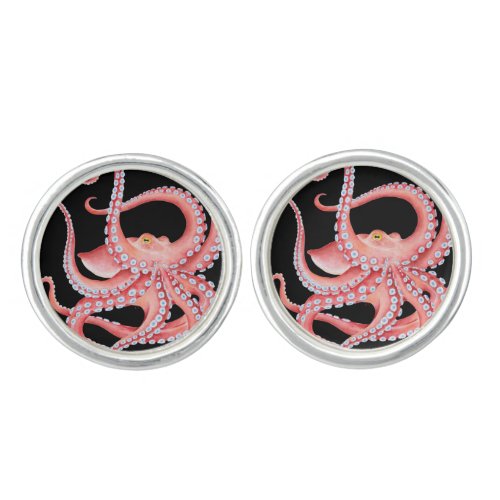 Red Octopus Watercolor On Black Cufflinks