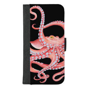 Red Octopus Watercolor On Black iPhone 8/7 Plus Wallet Case