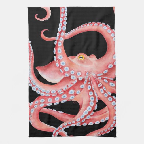 Red Octopus Watercolor On Black Kitchen Towel