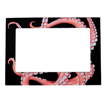 Red Octopus Watercolor On Black Magnetic Frame by EveyArtStore at Zazzle