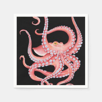 Red Octopus Watercolor On Black Napkins by EveyArtStore at Zazzle