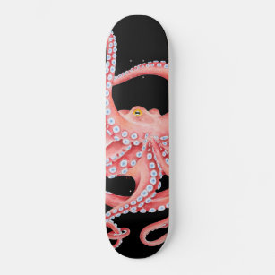 Red Octopus Watercolor On Black Skateboard