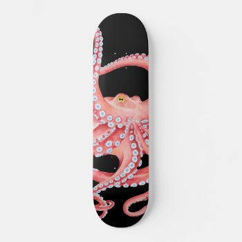 Red Octopus Watercolor On Black Skateboard by EveyArtStore at Zazzle