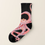 Red Octopus Watercolor On Black Socks at Zazzle