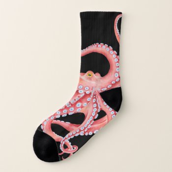 Red Octopus Watercolor On Black Socks by EveyArtStore at Zazzle