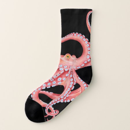 Red Octopus Watercolor On Black Socks