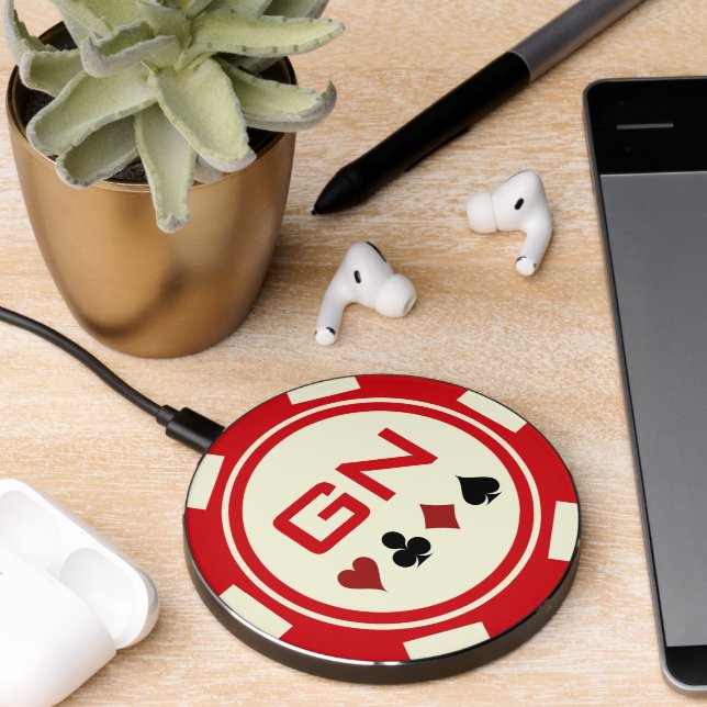 Red Off White Casino Poker Chip With Initials Wireless Charger (Desk 2)
