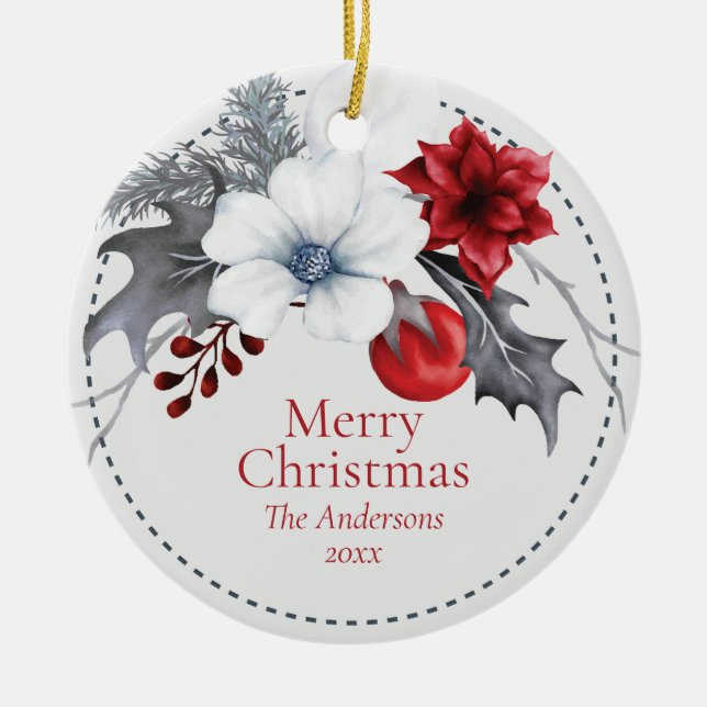 Red Off-White Silver Foliage Christmas  Ceramic Ornament (Front)