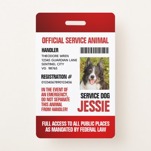 Red Official Service Animal Custom Photo ID Badge