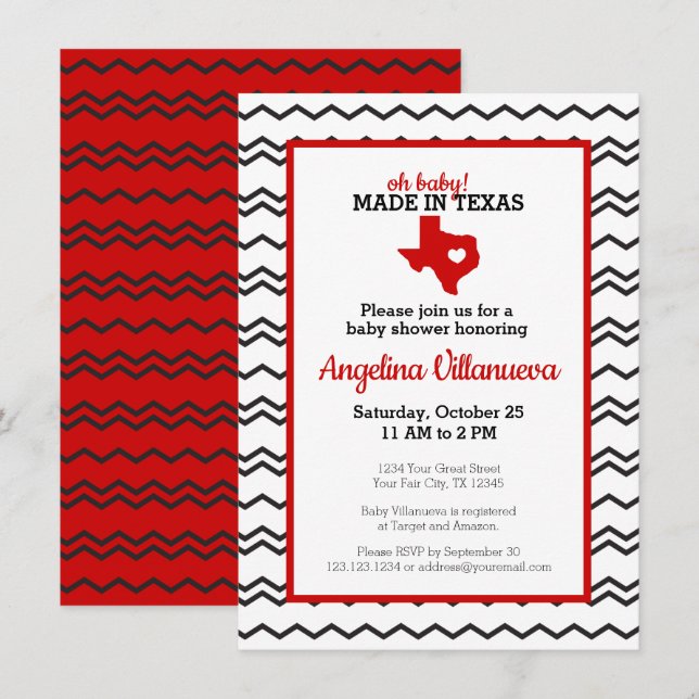 Red Oh Baby! Chevron Made in Texas Shower Invitation (Front/Back)
