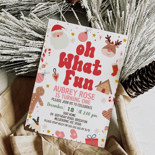 Red Oh What Fun Christmas 1st Birthday Invitation