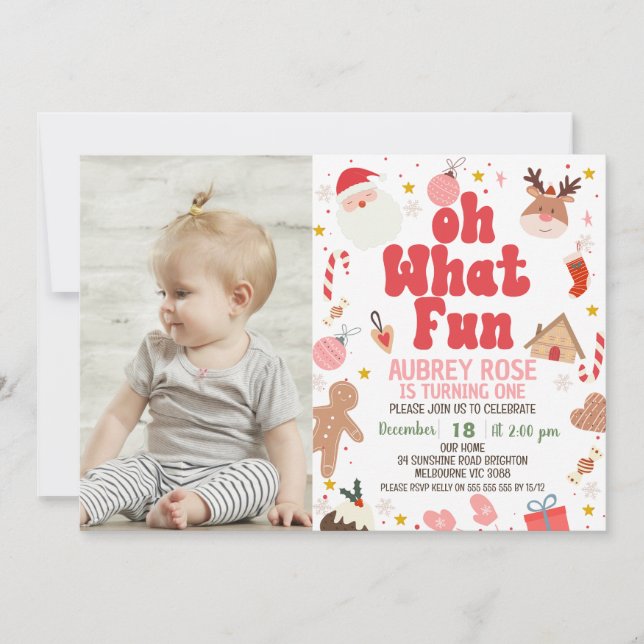 Red Oh What Fun Photo Christmas 1st Birthday Invitation (Front)