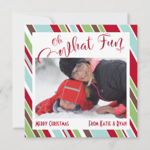 Red Oh What Fun Typography w/ Diagonal Stripes Holiday Card
