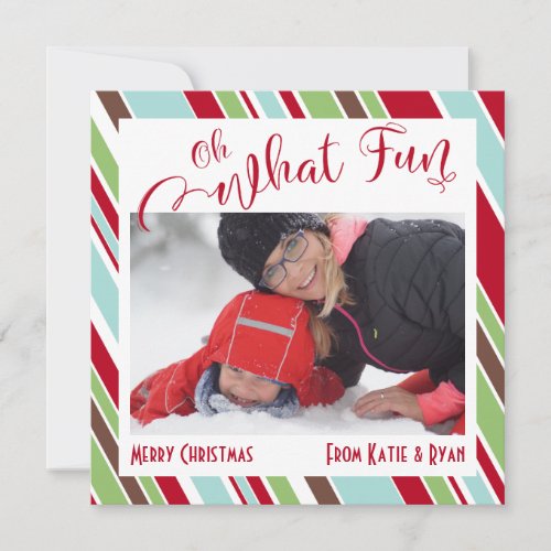 Red Oh What Fun Typography w Diagonal Stripes Holiday Card