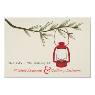 Red Oil Lantern Evergreen Camping Wedding R.S.V.P. Card