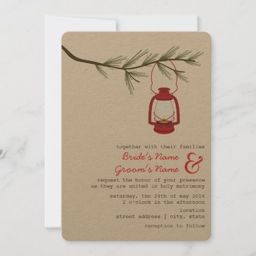 Red Oil Lantern Evergreen Tree Camping Wedding Invitation
