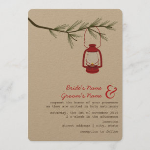 Red Oil Lantern Evergreen Tree Camping Wedding Invitation