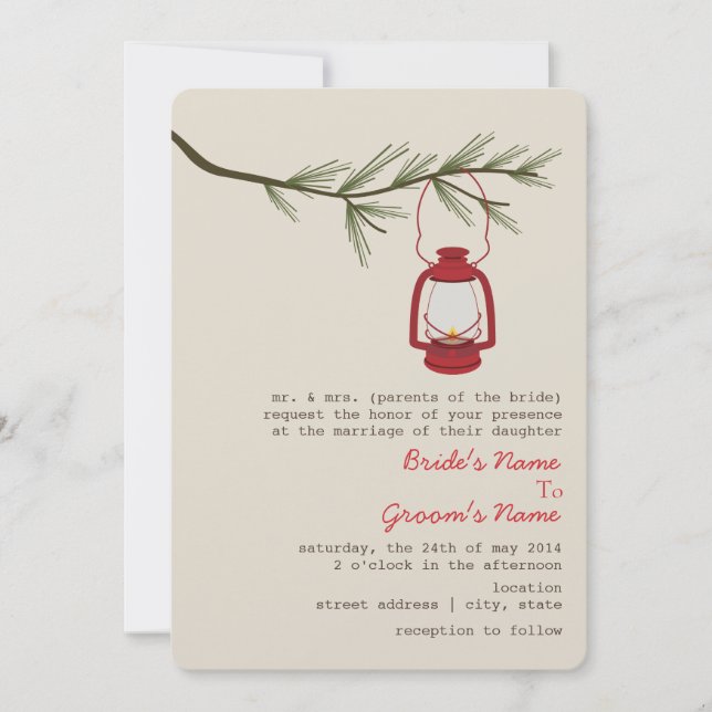 Red Oil Lantern Evergreen Tree Wedding Invitation (Front)