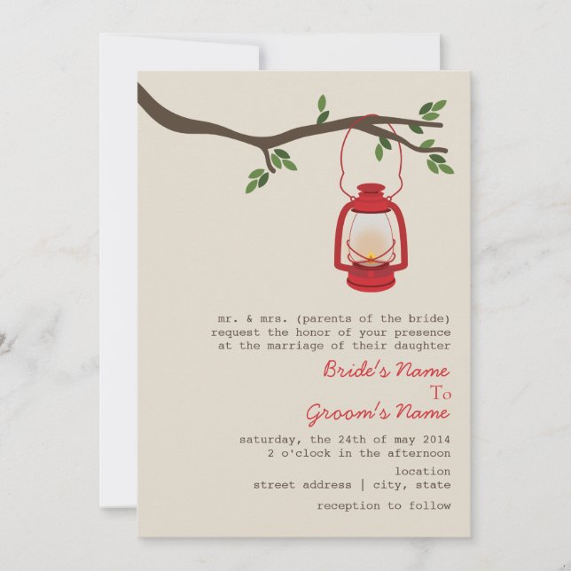 Red Oil Lantern Wilderness / Camping Wedding Invitation (Front)
