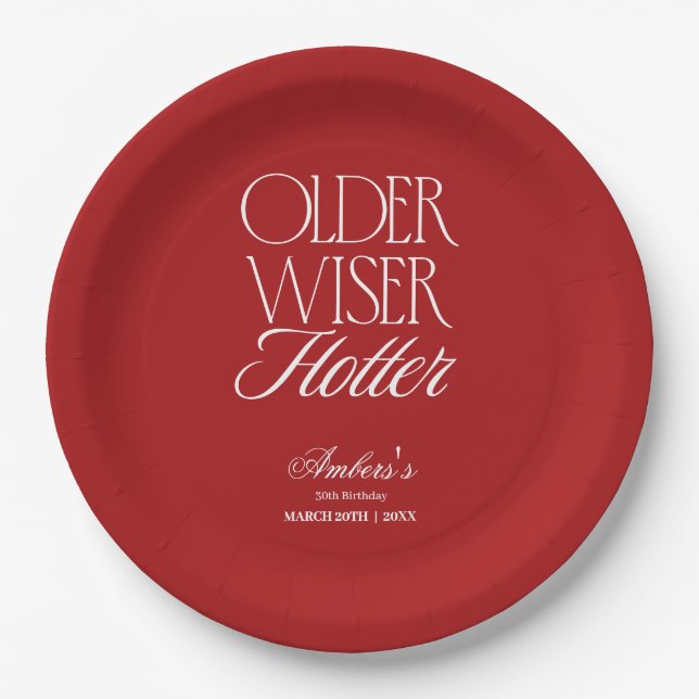 Red Older Wiser Hotter Birthday Paper Plates (Front)