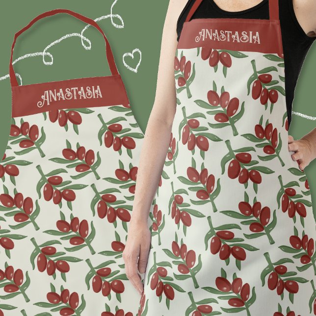 Red Olives Pattern Apron with Name (Red olives pattern apron with name .)