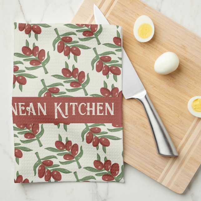 Red Olives Pattern Yellow Kitchen Towel (Quarter Fold)