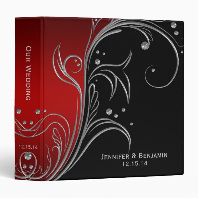 Red Ombre Black Silver Floral Scrolls Photo Album Binder (Front/Spine)