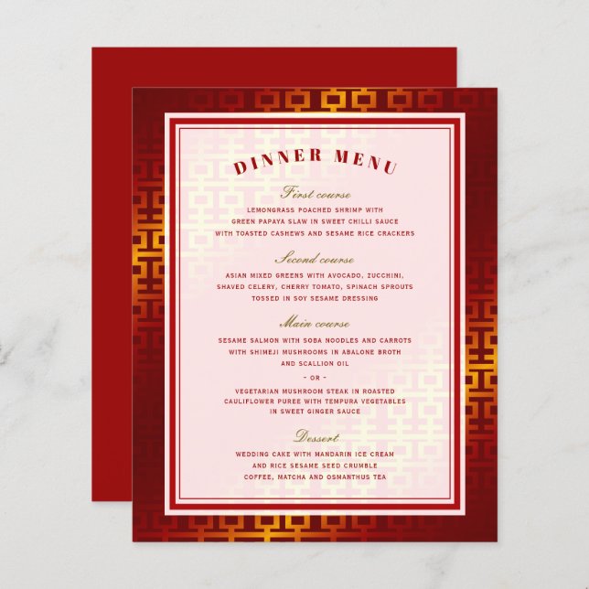 Red Ombre Double Happiness Chinese Wedding Menu (Front/Back)