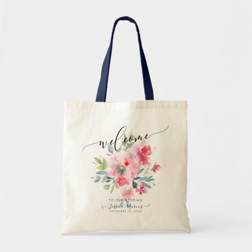 Red OmbreDusty Blue Watercolor Flowers Welcome Tote Bag