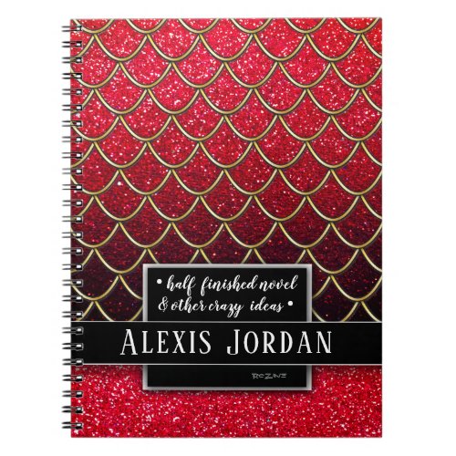 Red Ombre Glitter Mermaid Black and White Monogram Notebook