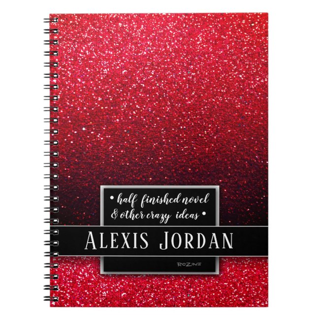 Red Ombre Glitter Sparkles Black White Monogram Notebook