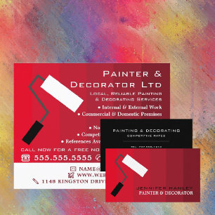 Red Ombre & Paint Roller, Painter & Decorator Business Card
