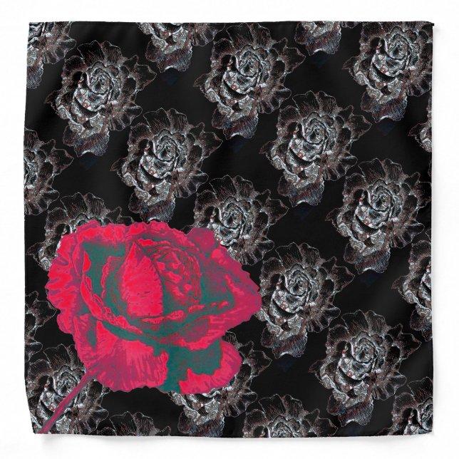 Red on Black and White Rose Patterned Bandana (Front)