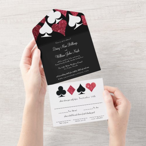 Red on Black Faux Glitter Las Vegas Wedding All In One Invitation